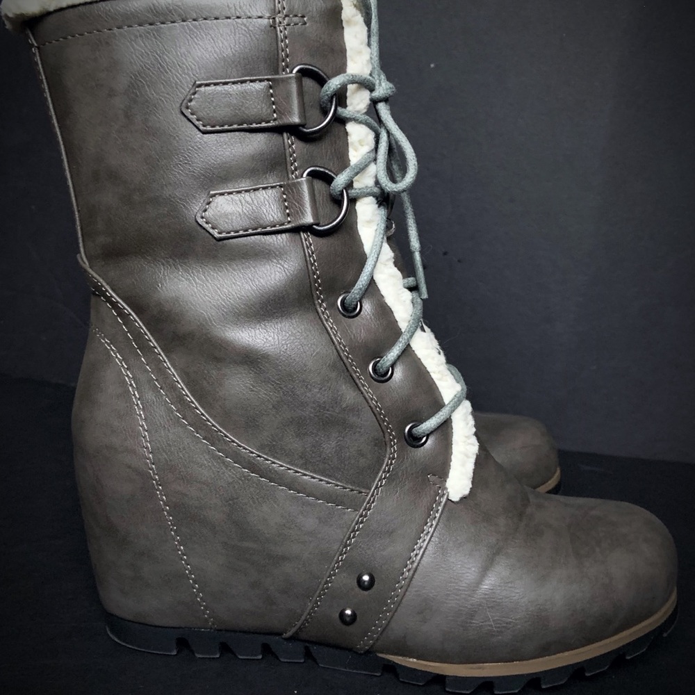Time and Tru - Winter Wedge Boots - Faux Sherpa